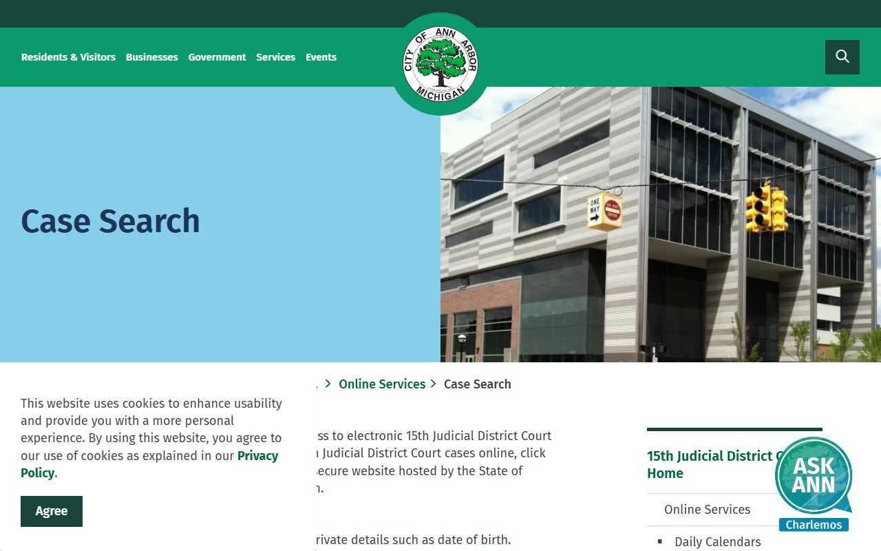 15th District Court case search portal for Ann Arbor civil court records
