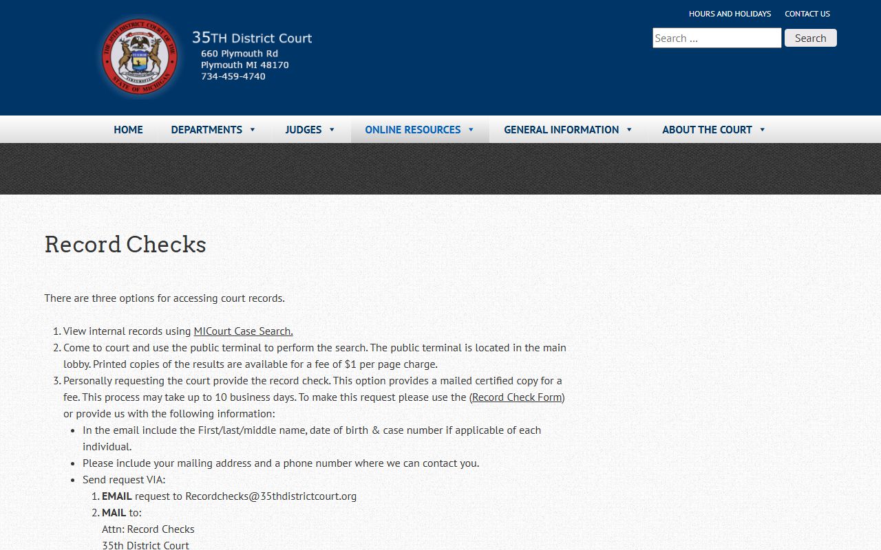 35th District Court records page for Canton civil court records