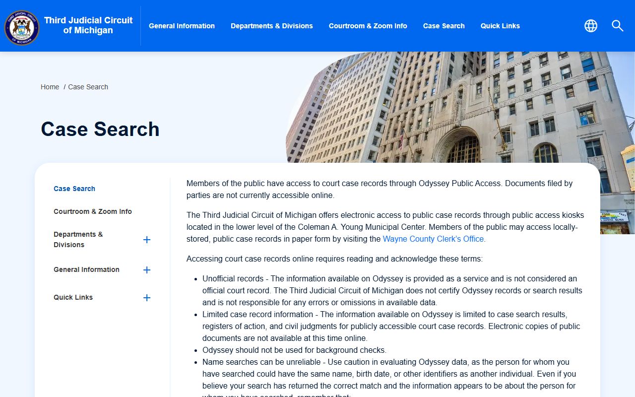 3rd Circuit Court Odyssey Public Access portal for Detroit civil court records