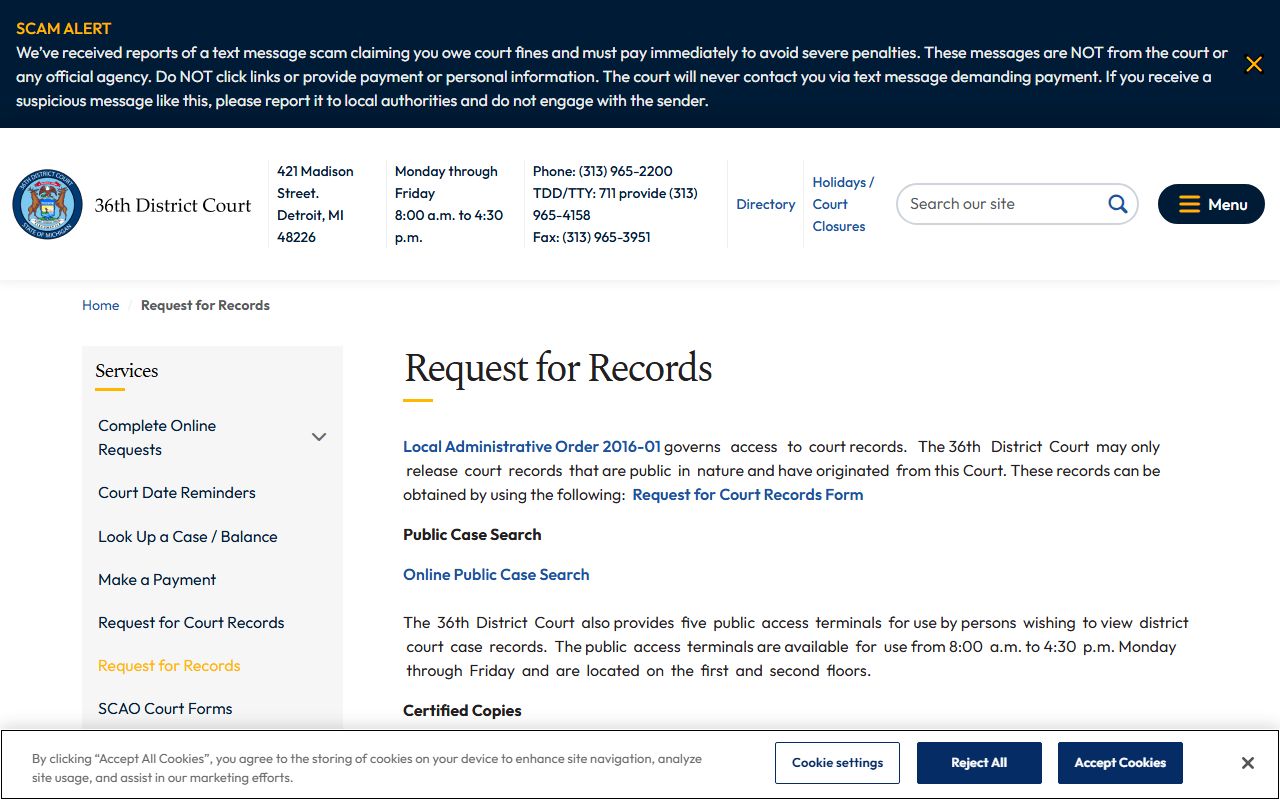 36th District Court records request page for Detroit civil court records