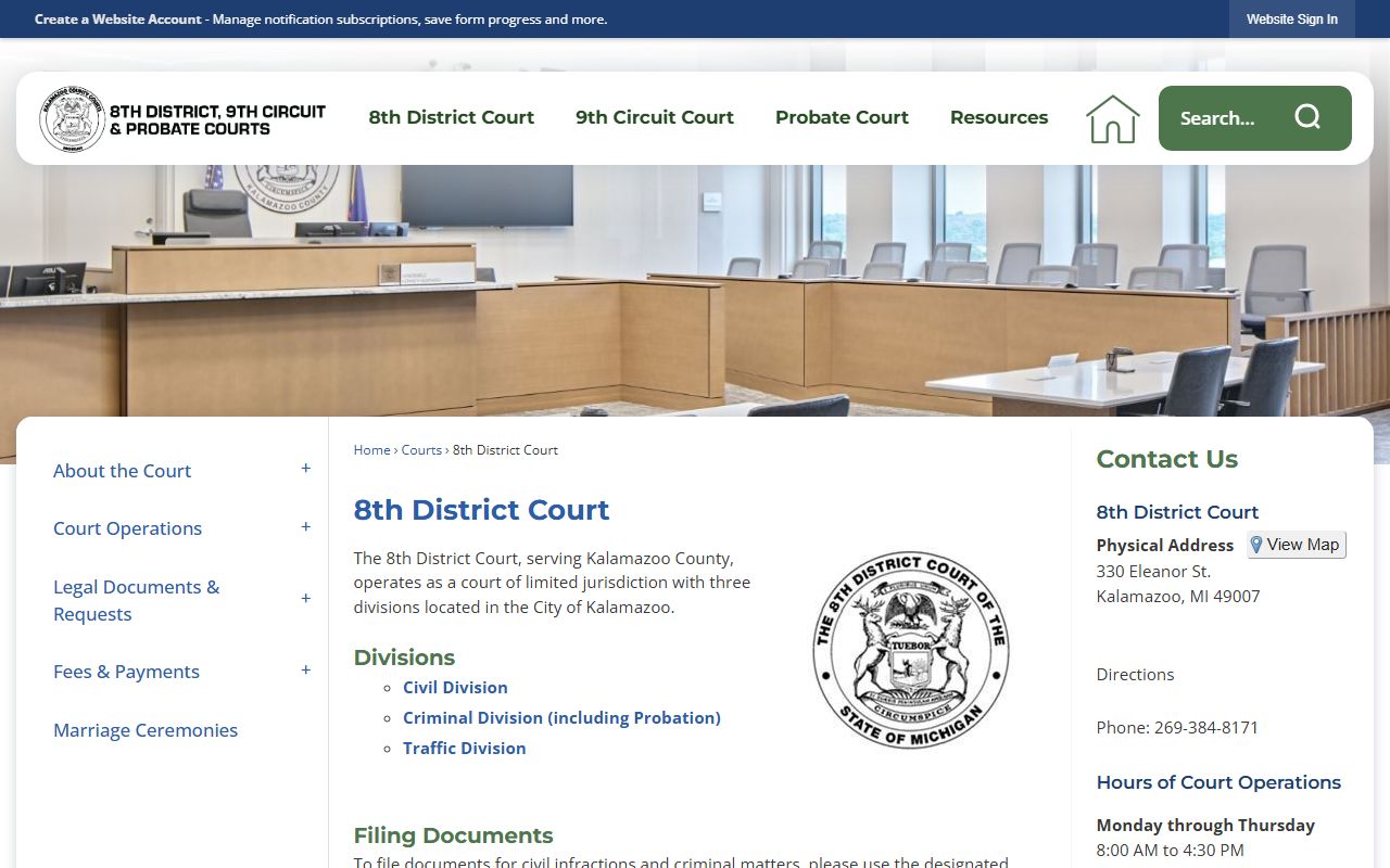 8th District Court page for Kalamazoo civil court records
