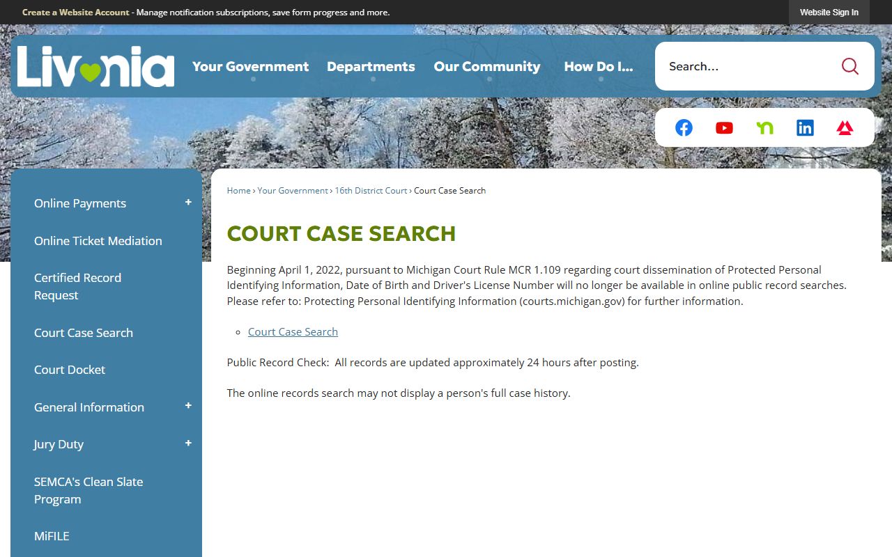 Livonia Court Case Search page for Livonia civil court records