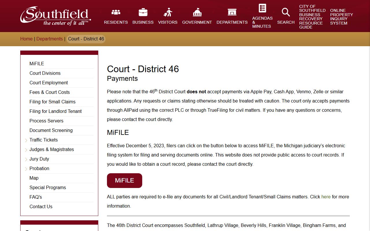 46th District Court page for Southfield civil court records