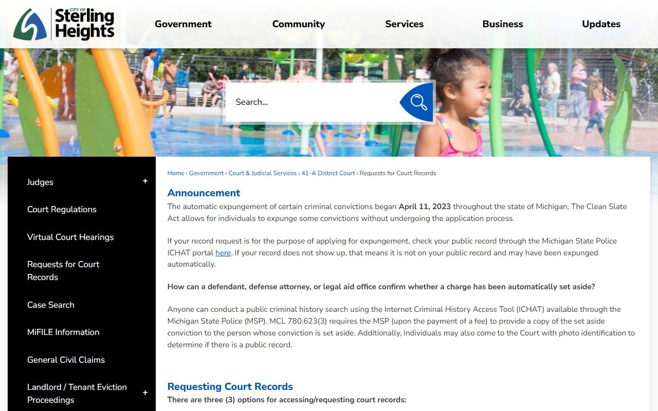 Sterling Heights court records request page for Sterling Heights civil court records