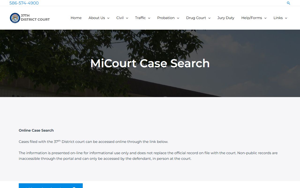 37th District Court case search page for Warren civil court records