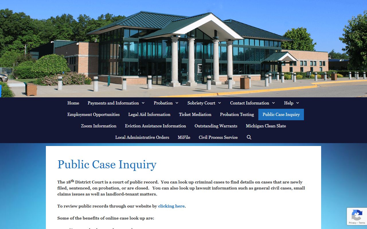 18th District Court public case inquiry for Westland civil court records