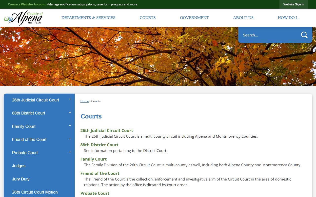 Alpena County Courts main page for Alpena County civil court records