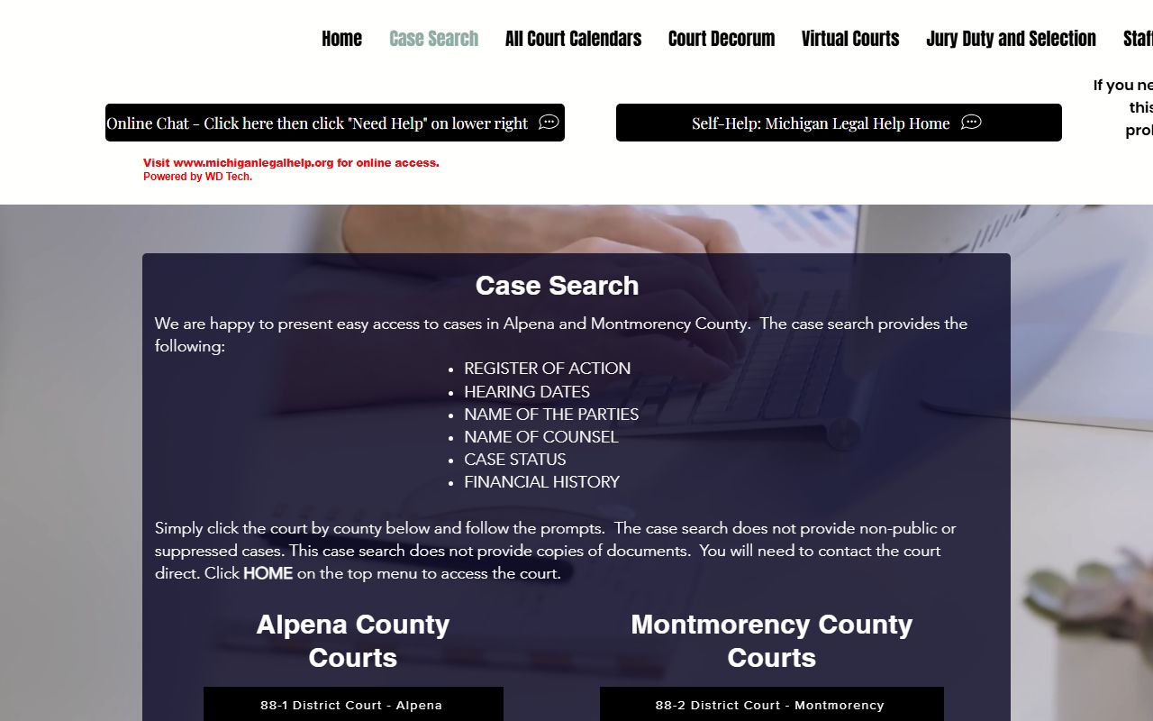 Joint case search portal for Alpena County civil court records