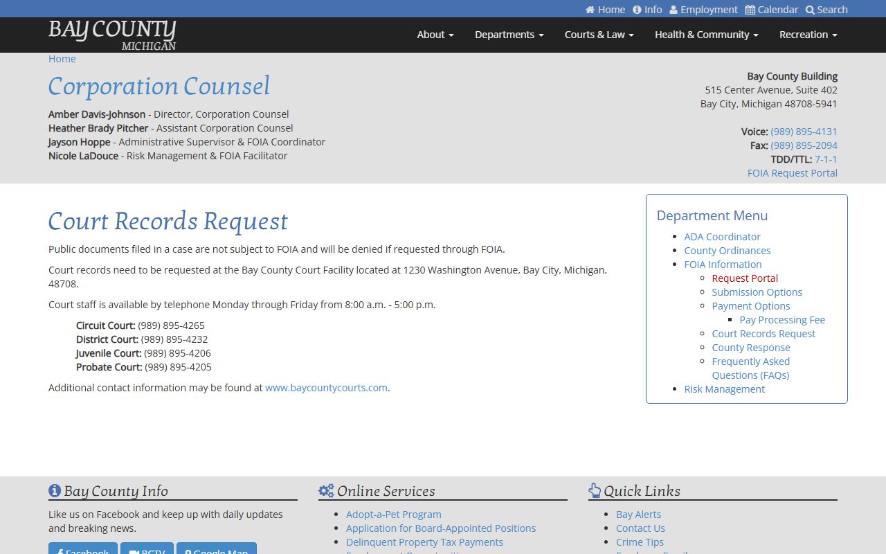 Bay County court records request page for Bay County civil court records