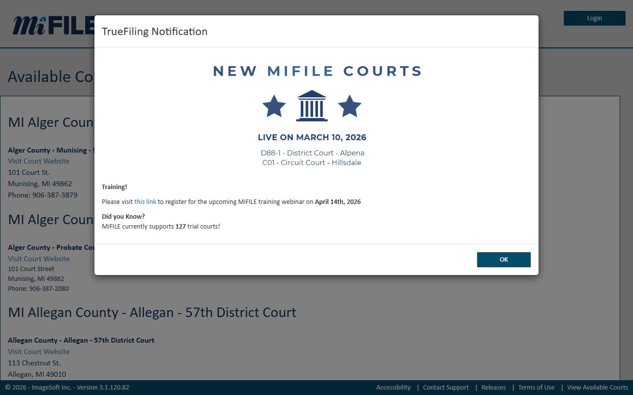 MiFILE electronic filing portal for Dickinson County civil court records