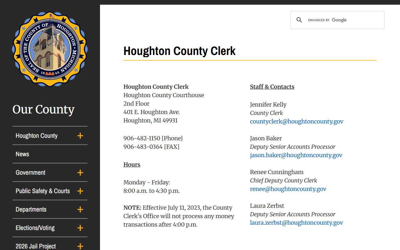 Houghton County Clerk page for civil court records access