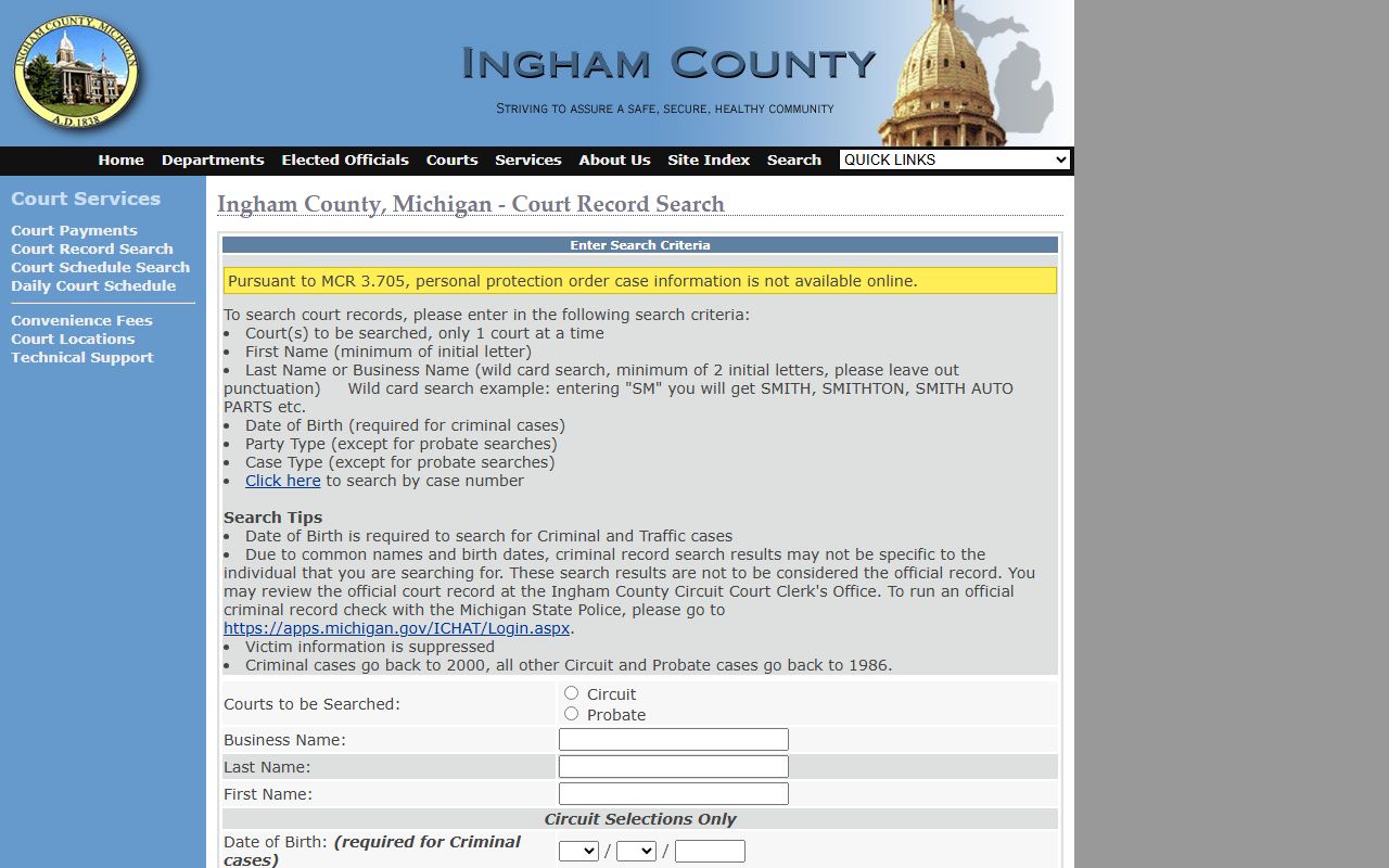Ingham County court record search portal for civil court records