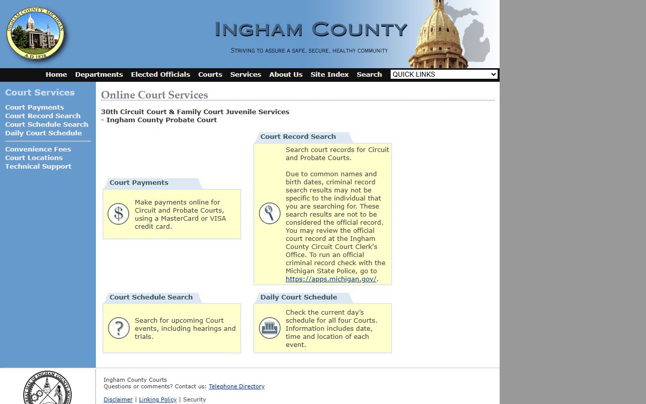 Ingham County Court Services portal for civil court records access