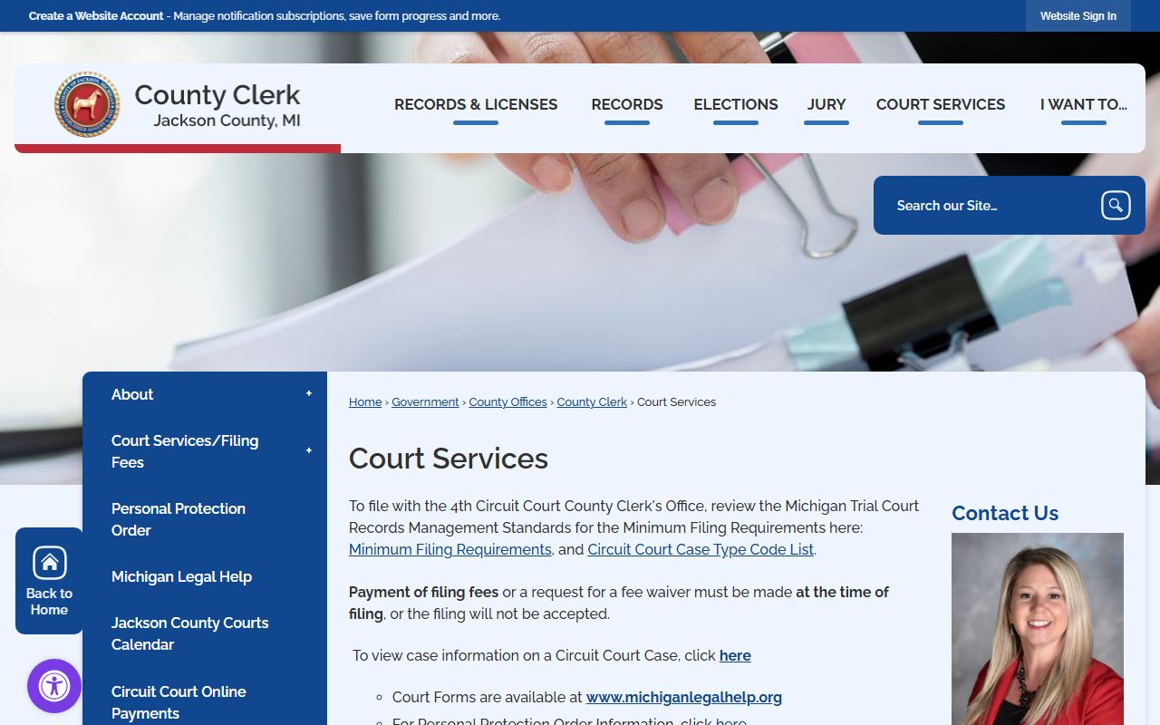 Jackson County Court Services page for civil court records