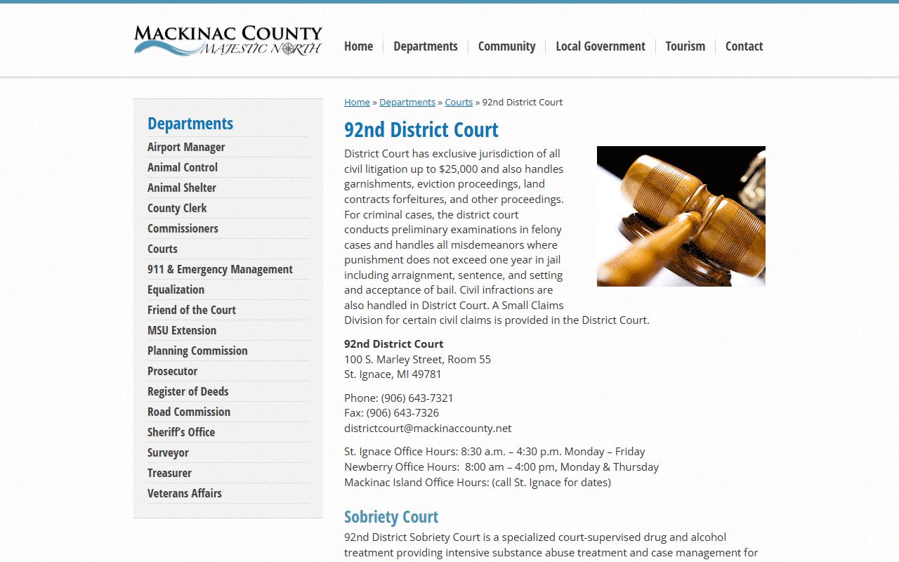Mackinac County 92nd District Court page for civil court records access