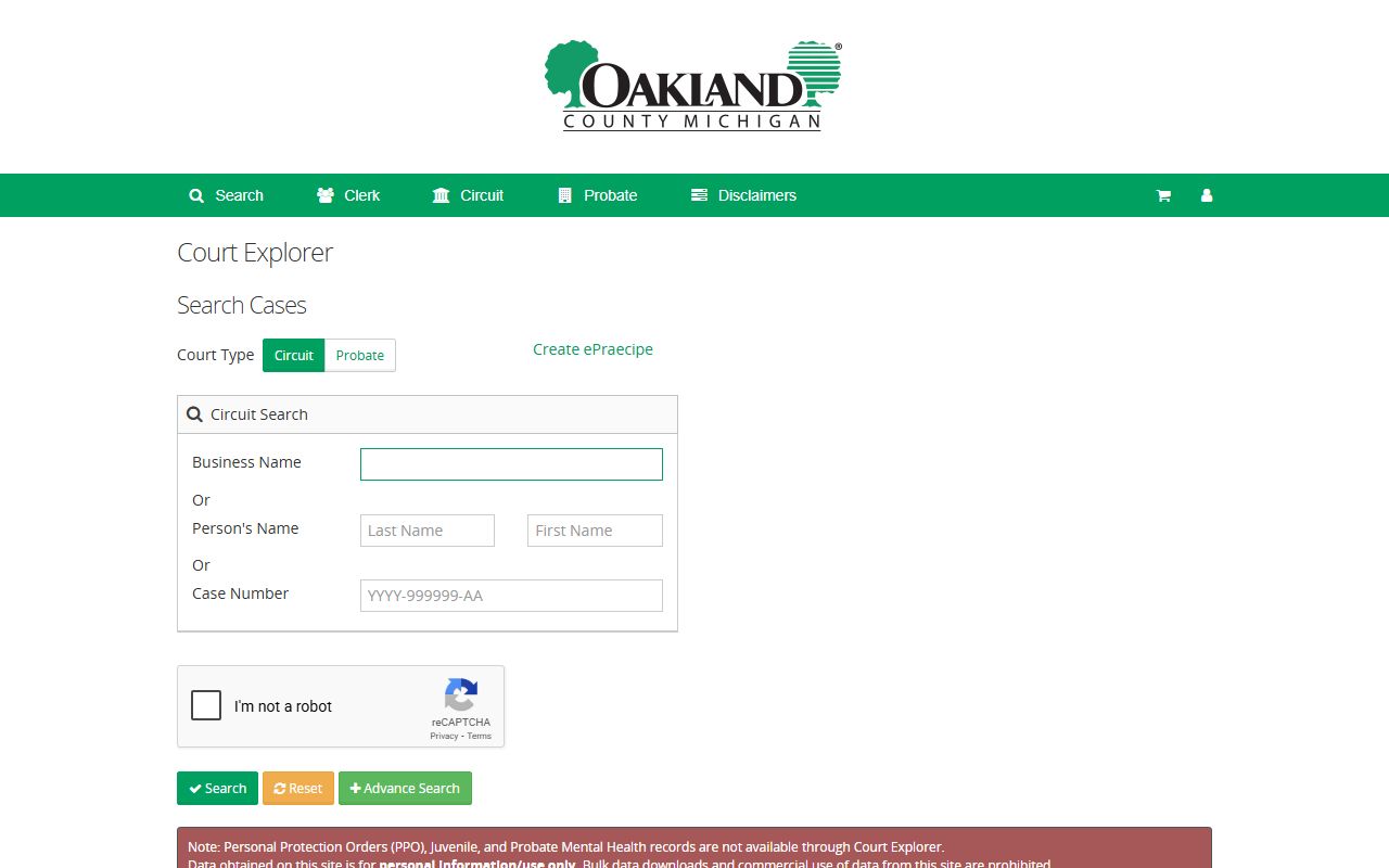 Oakland County Court Explorer portal for civil court records