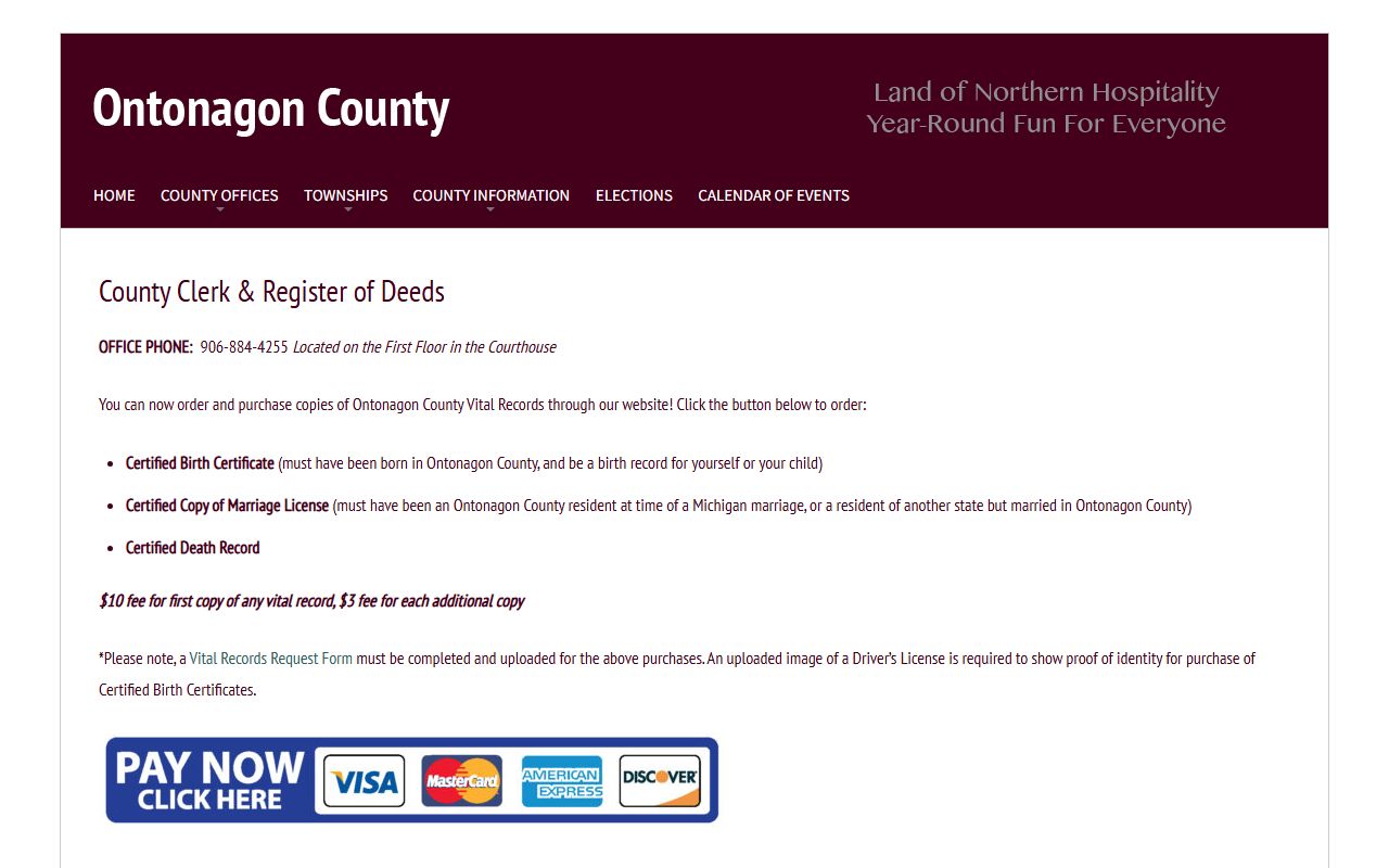 Ontonagon County Clerk page for civil court records