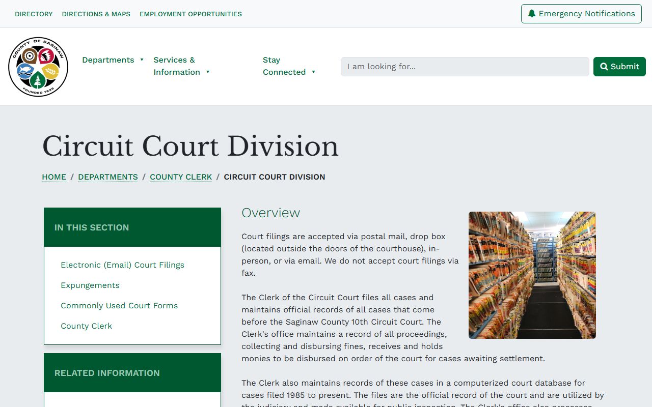 Saginaw County circuit court records page for civil court records