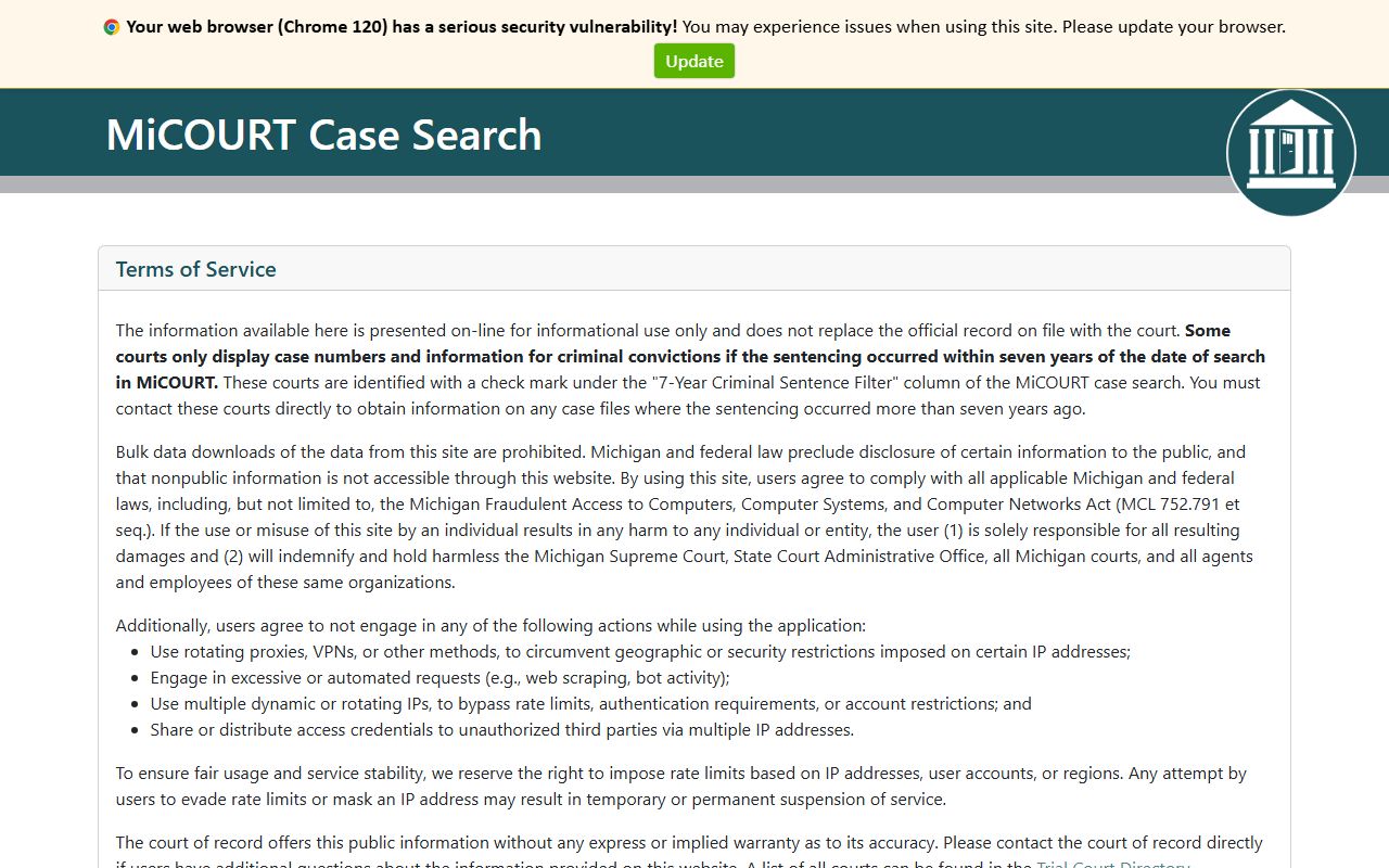 MiCOURT case search for St. Joseph County civil court records