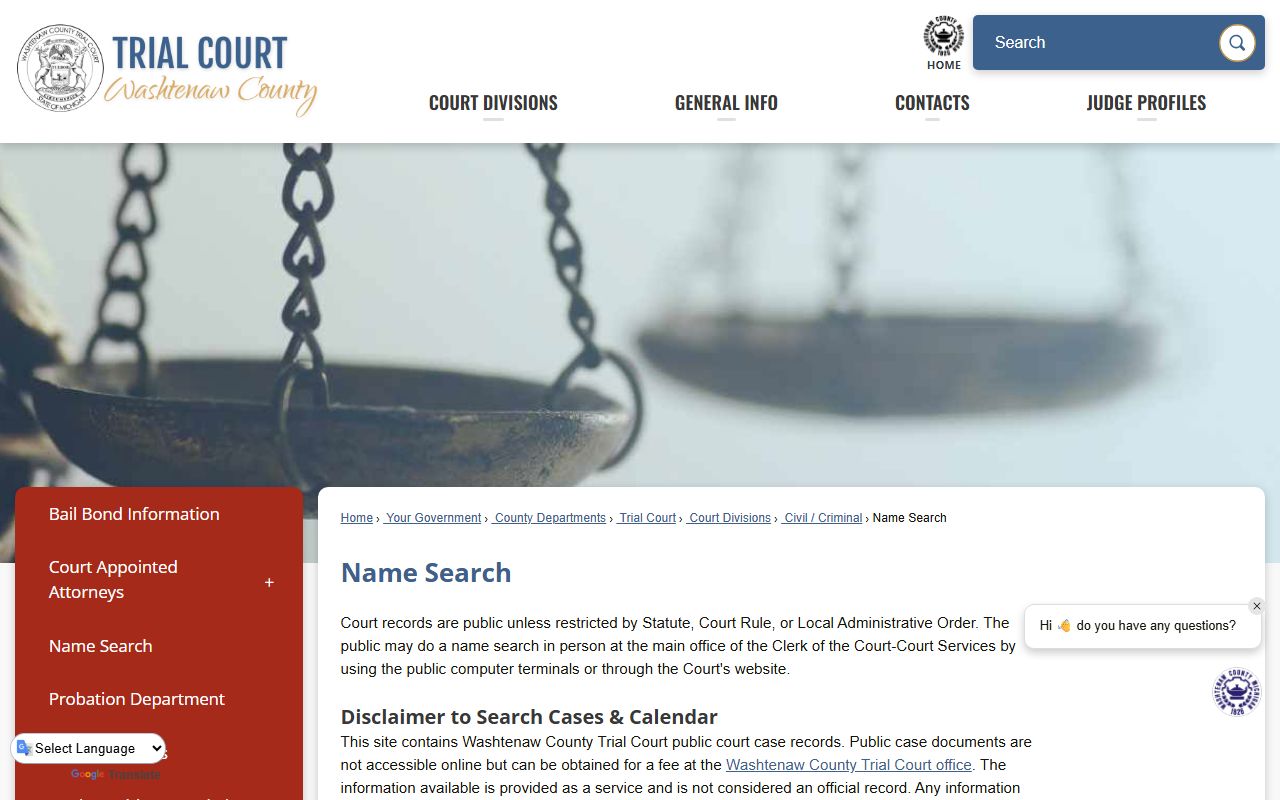 Washtenaw County name search tool for civil court records