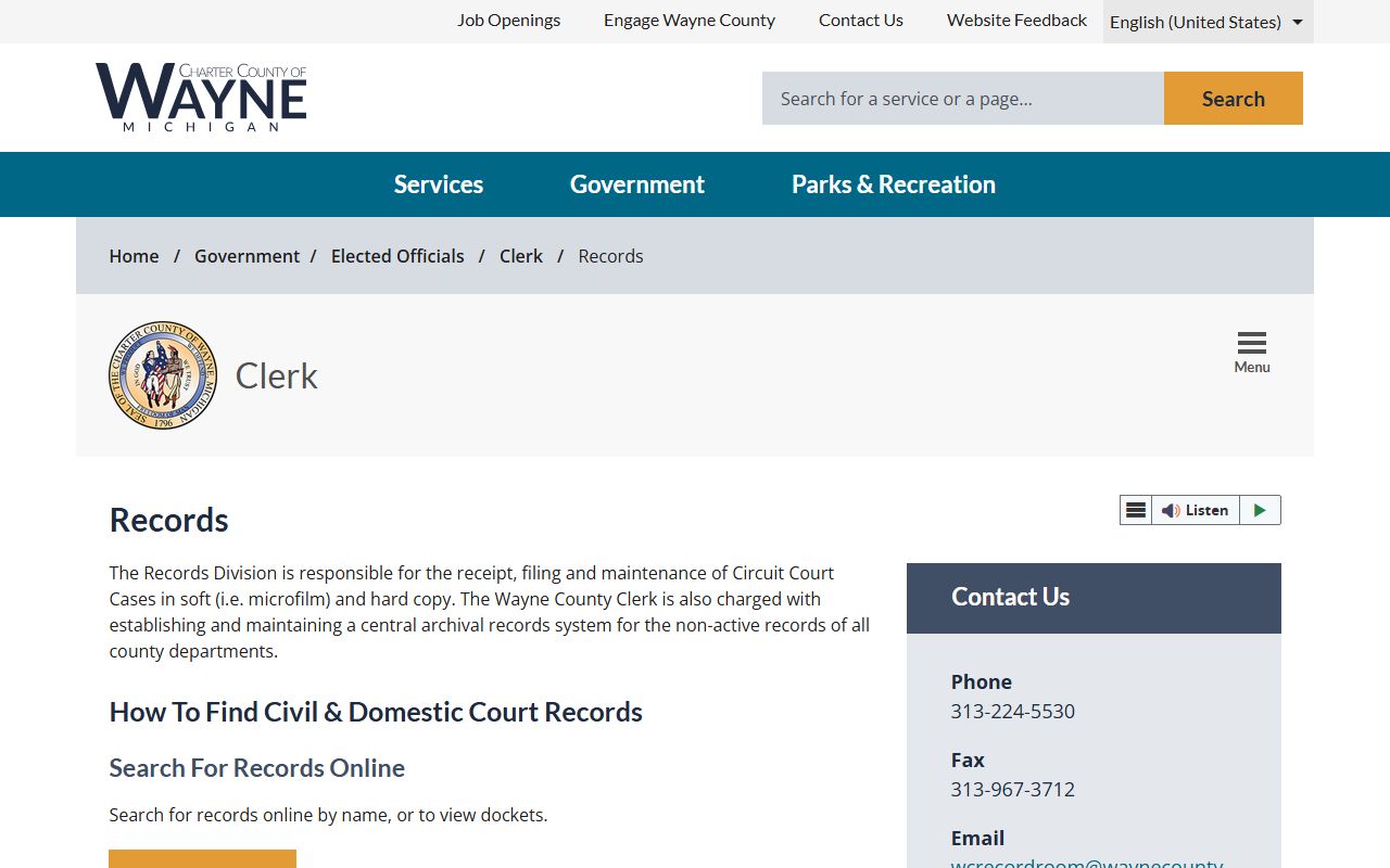 Wayne County Clerk records page for civil court records