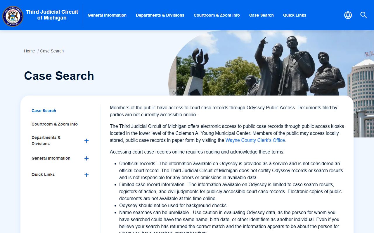 Odyssey Public Access portal for Wayne County civil court records